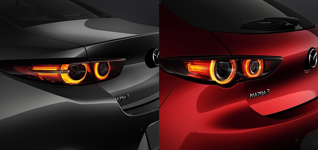 Rear view of mazda3 sedan and hatchback