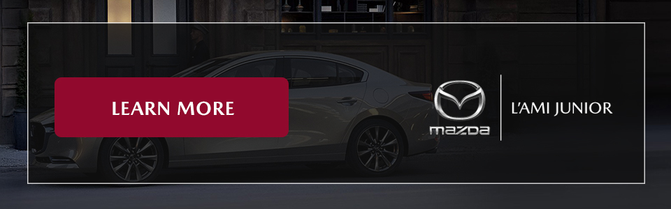 2025 Mazda L’Ami Junior banner with “Learn More” button inviting you to discover the compact sedan