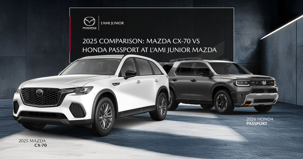 Main image showing the Mazda CX-70 compared to the Honda Passport.